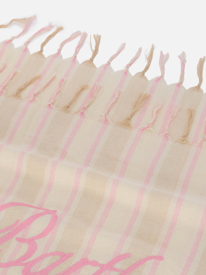 Foutas Lightbeach towel with beige and white stripes and embroidered logo