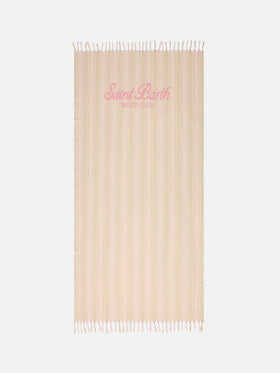 Foutas Lightbeach towel with beige and white stripes and embroidered logo