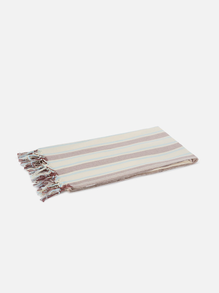 Foutas Lightbeach towel with beige and light blue stripes and embroidered logo