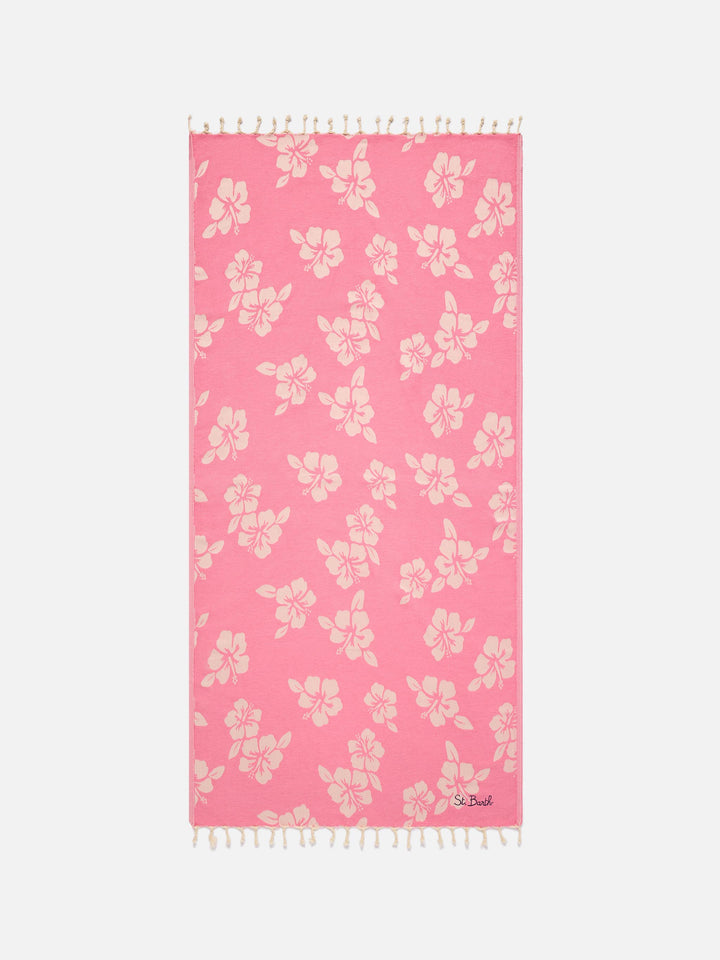 Strandtuch aus Fouta-Baumwolljacquard in Rosa mit Hibiskusmuster 