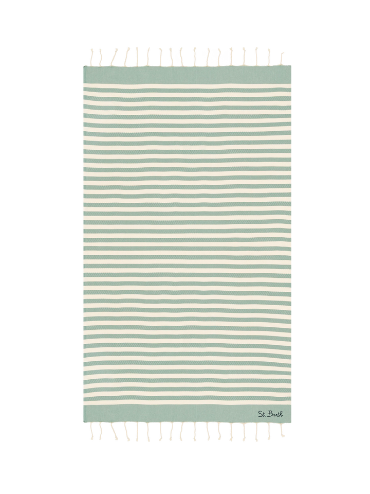 Cotton beach towel Fouta with sage green striped print
