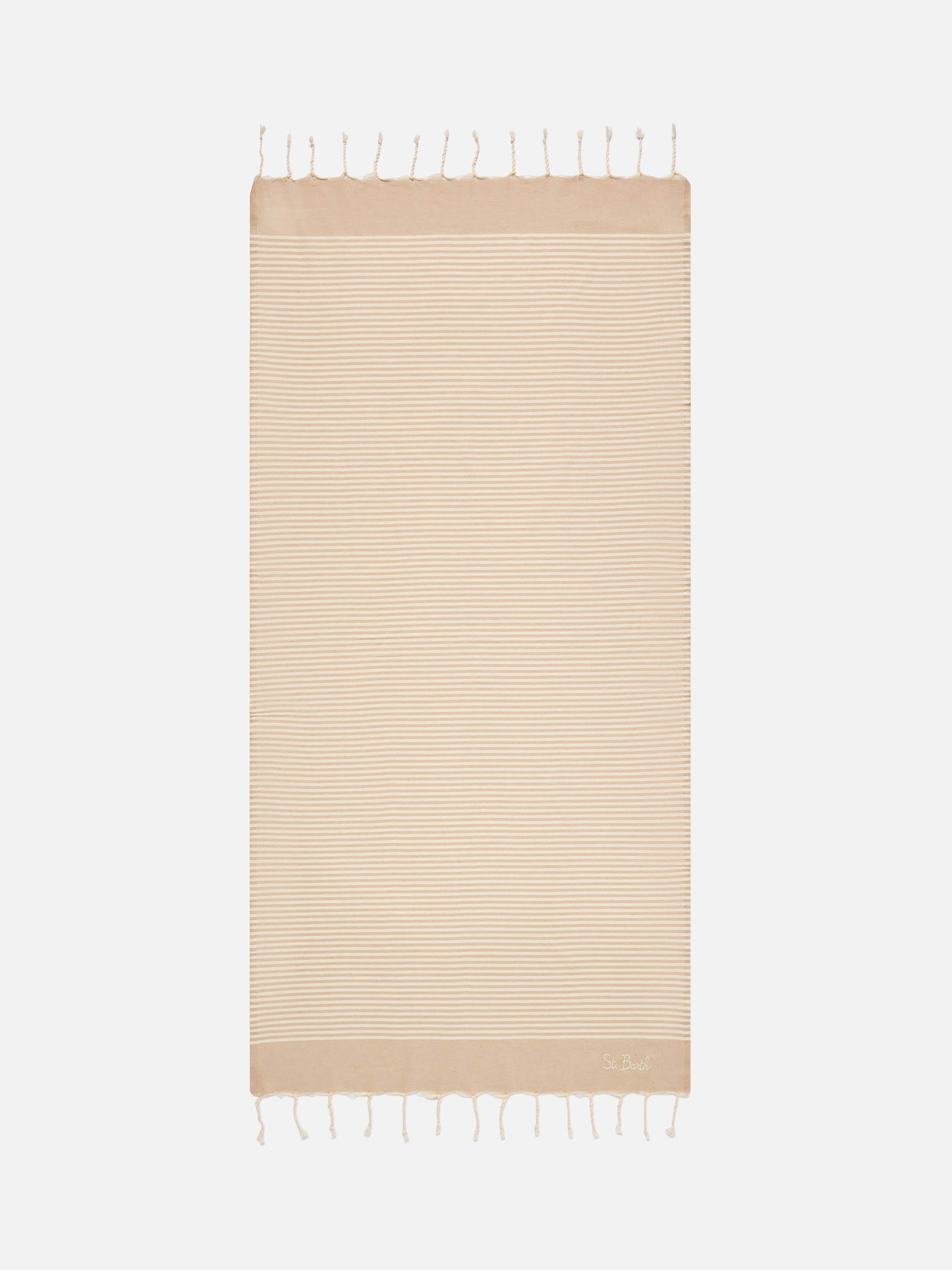 Serviette de plage fouta à fines rayures beige et blanches 