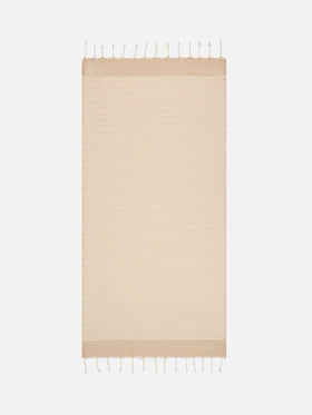 Serviette de plage fouta à fines rayures beige et blanches 