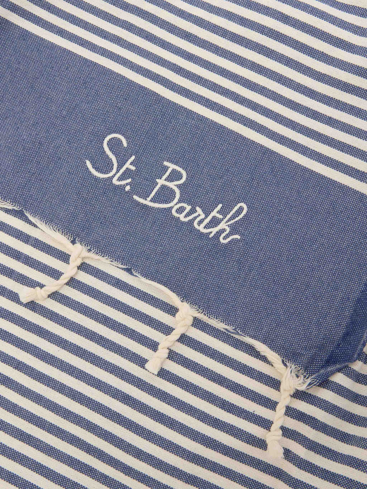 Foutas beach towel with small navy blue and white stripes
