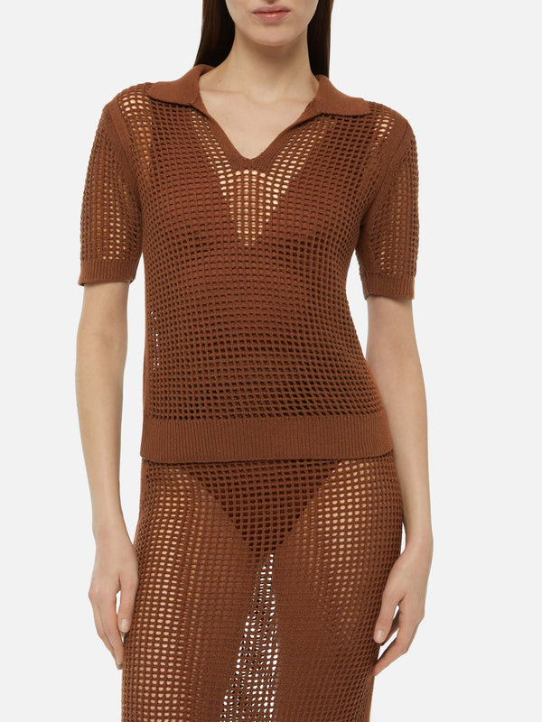 Flora brown mesh crochet polo