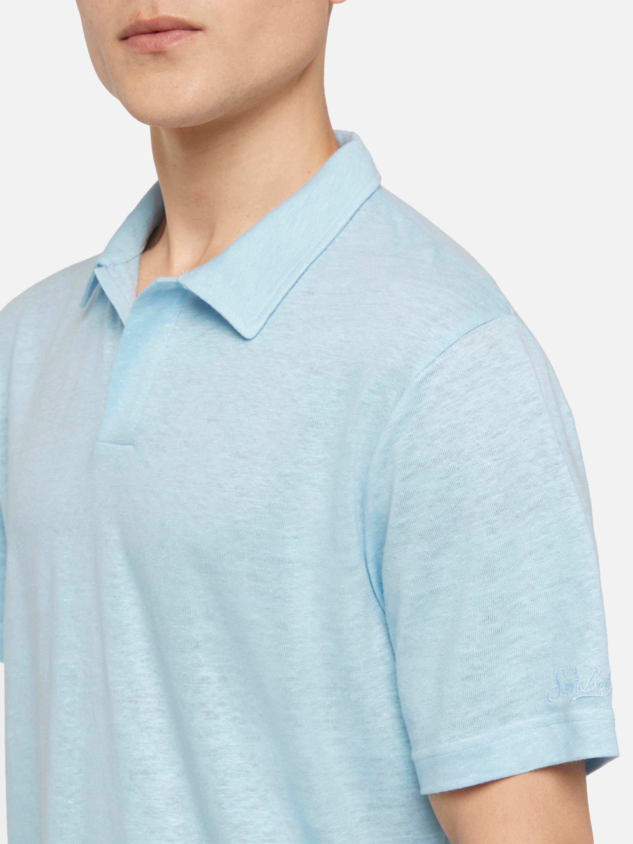 Tシャツ・カットソー MC2 Saint Barth FRASER - Linen polo shirt (FRS0001 00032H) Light blue linen buttonless polo shirt Fraser – MC2 Saint Barth