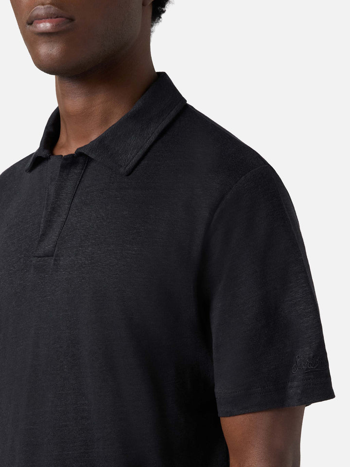 Black Fraser polo in pure linen solid color