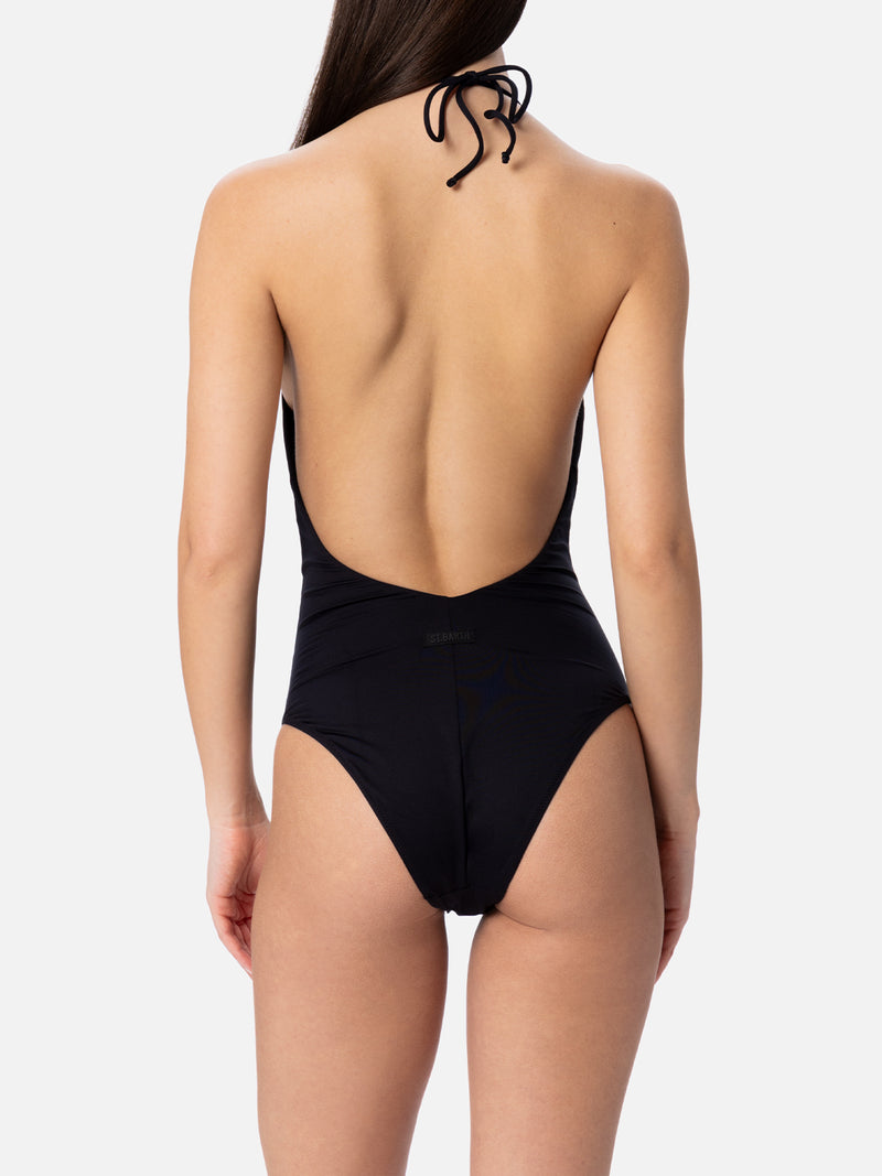 Woman black halter neck one piece swimsuit