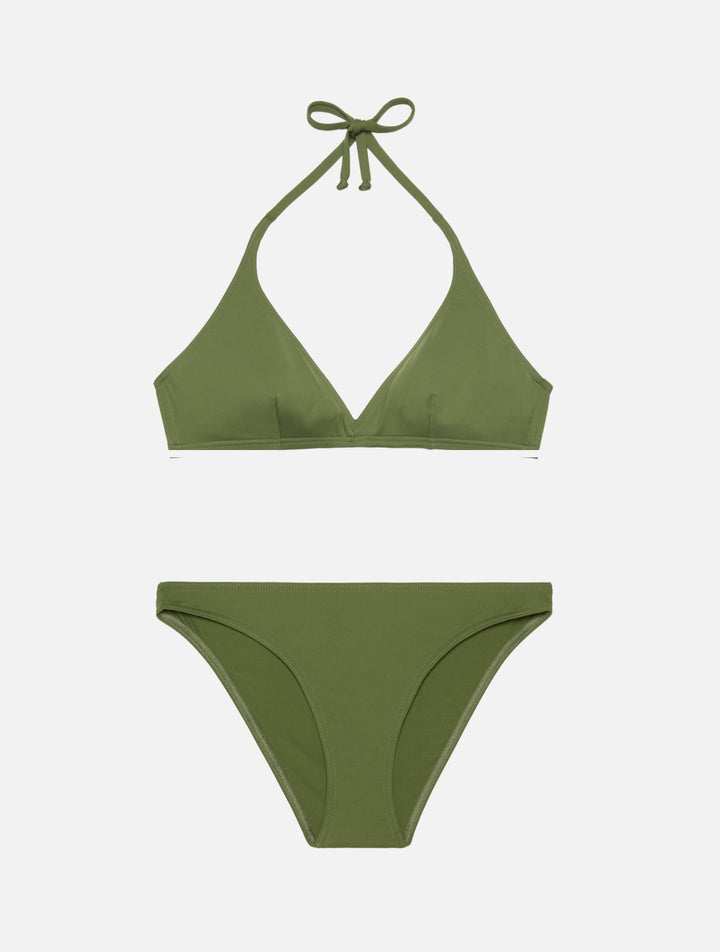 Badeslips mit hoher Taille „Maia“ in Militärgrün – Dreiecks-Bralette-Oberteil „Gaia“ in Militärgrün