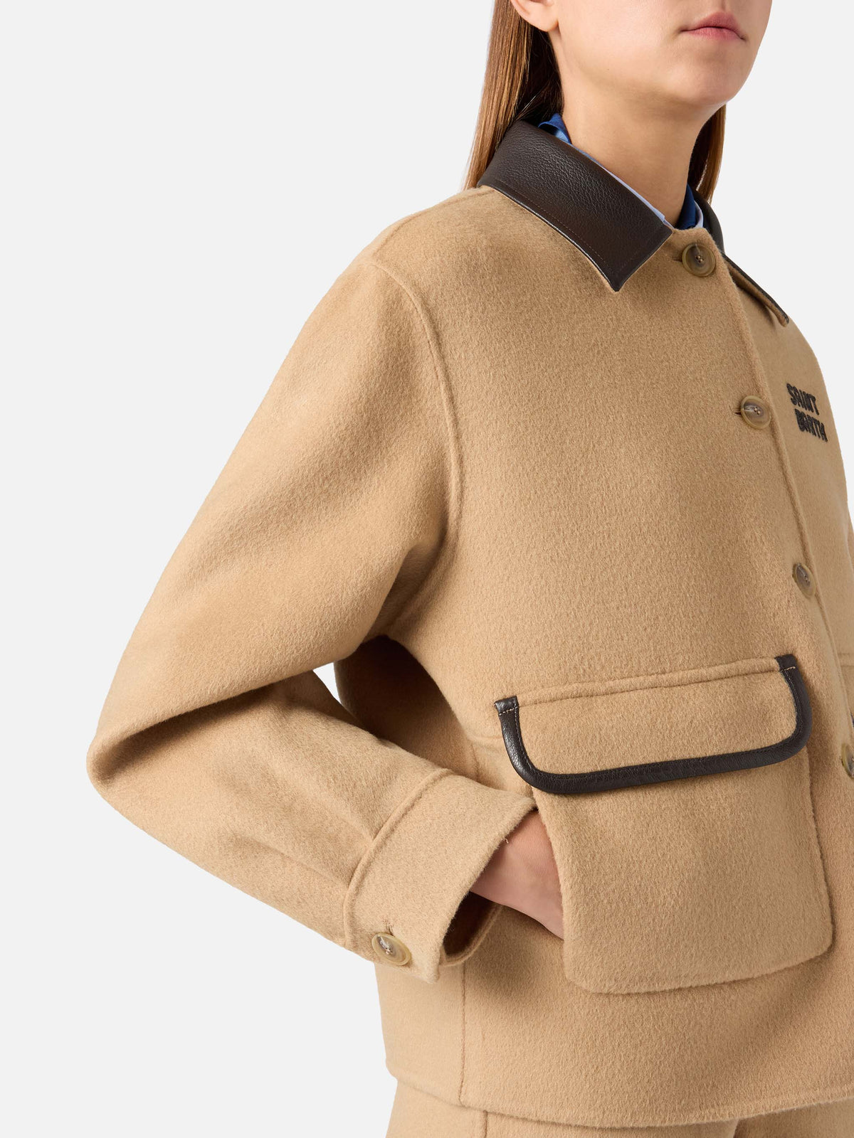 Beige Glacienne wool blend jacket with logo patch