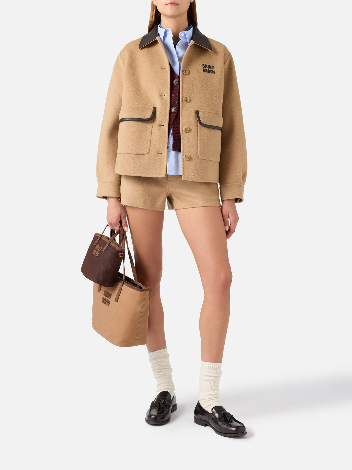 Beige Elva double fabric wool blend shorts