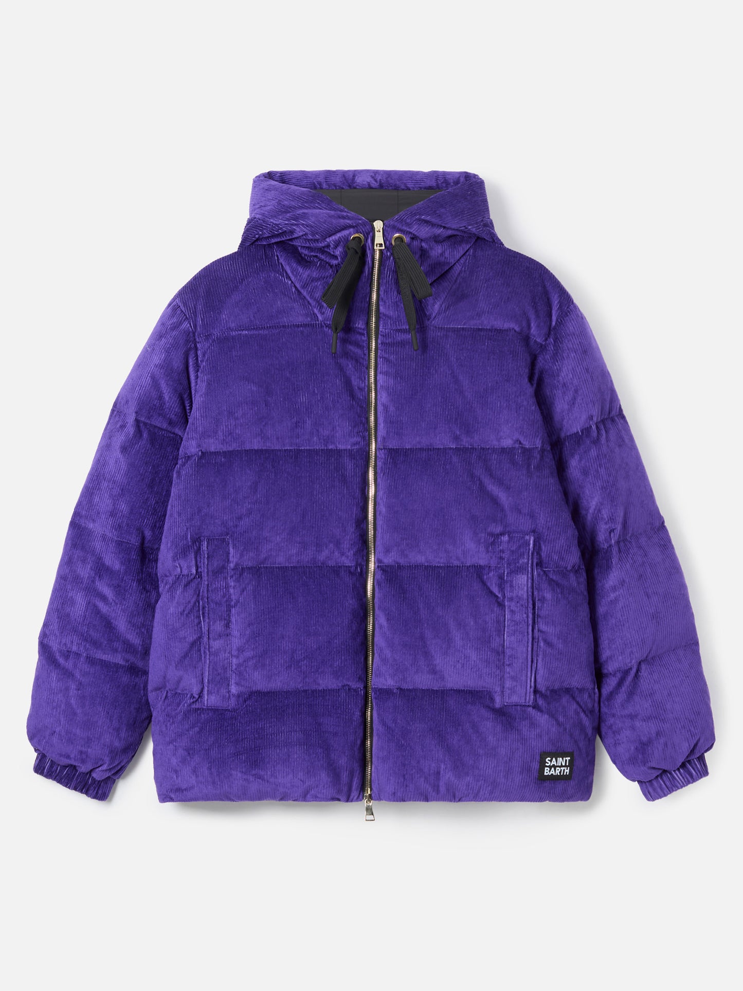 Woman purple corduroy down padded jacket with hoodie