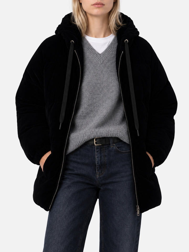 Geneve black velvet hooded down jacket