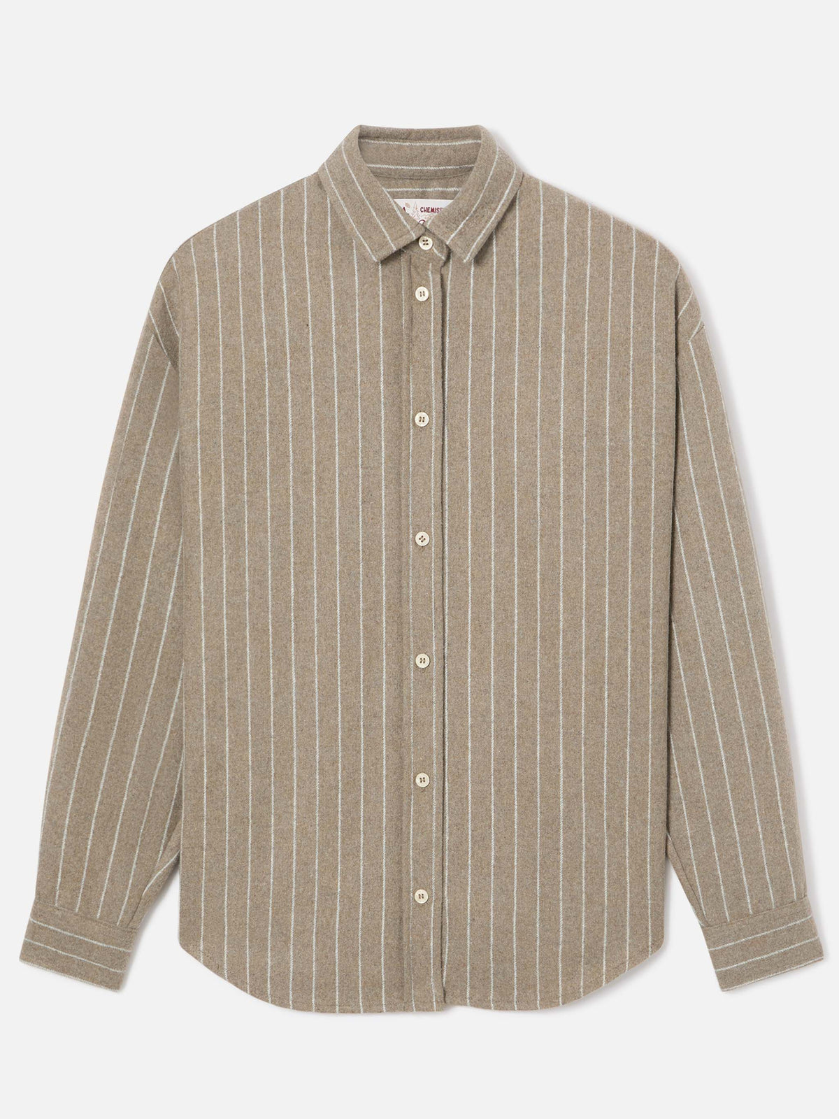 Camicia Gigy beige in flanella di misto lana gessata con logo in strass