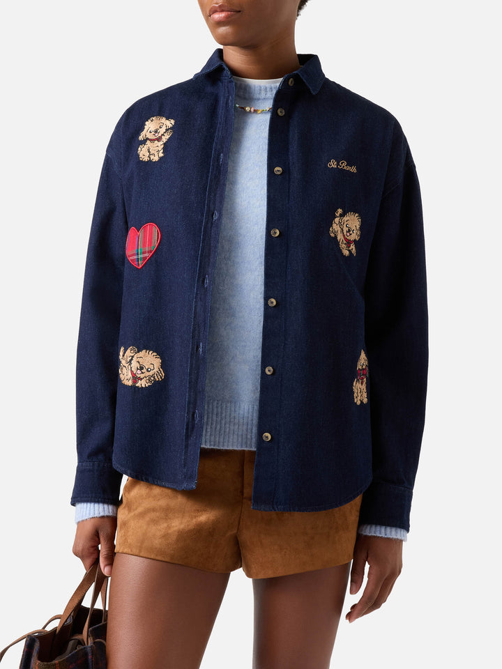 Blue Chemise Gigy en denim de coton avec broderie caniche 