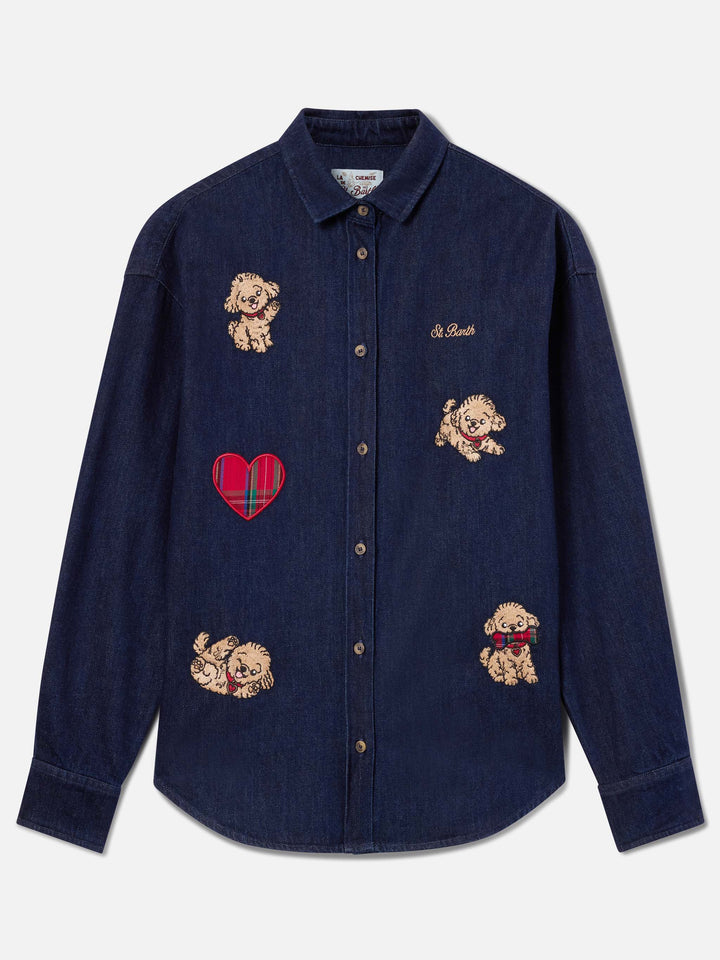 Blue Chemise Gigy en denim de coton avec broderie caniche 
