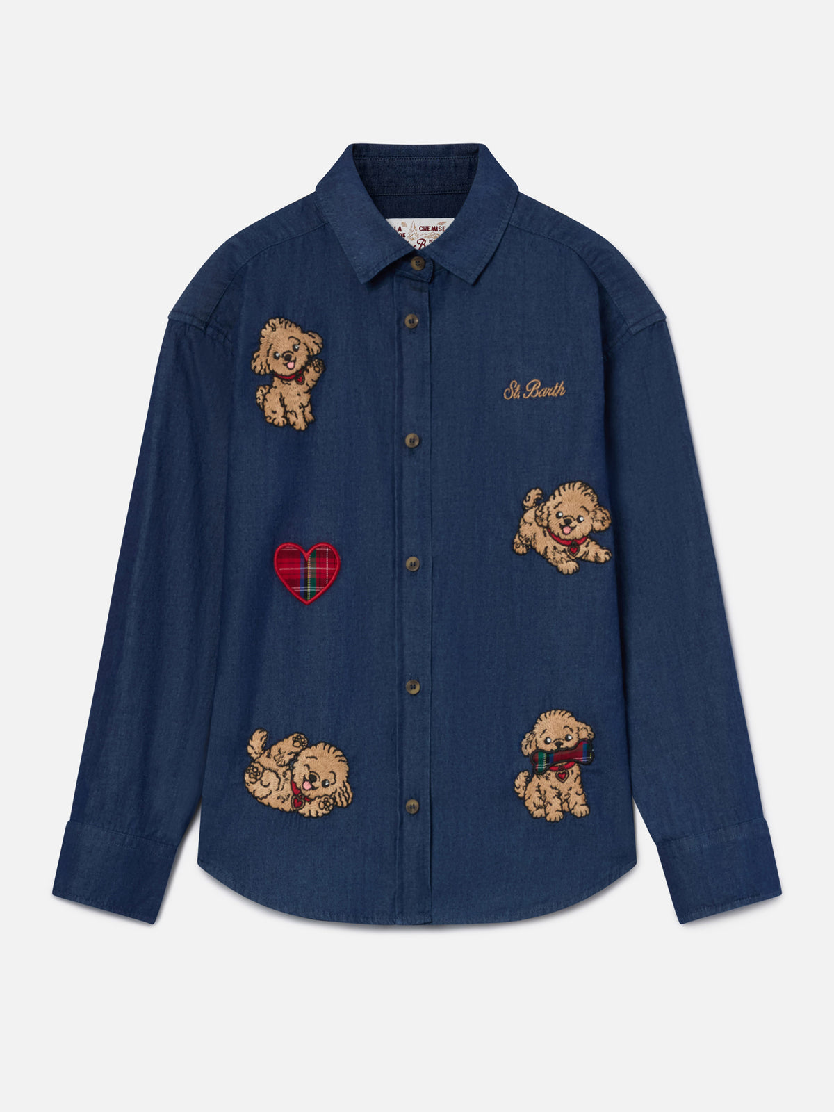 Camisa vaquera Gigy de algodón denim ligero blue con bordado de caniche 