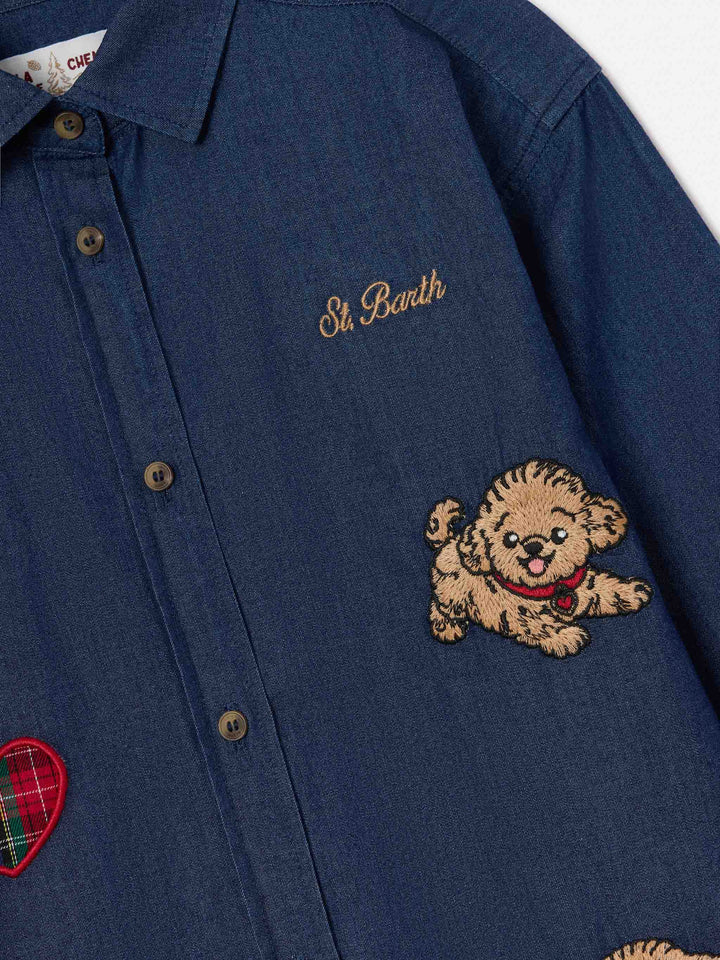 Camicia Gigy azzurra in denim di cotone con ricamo barboncini