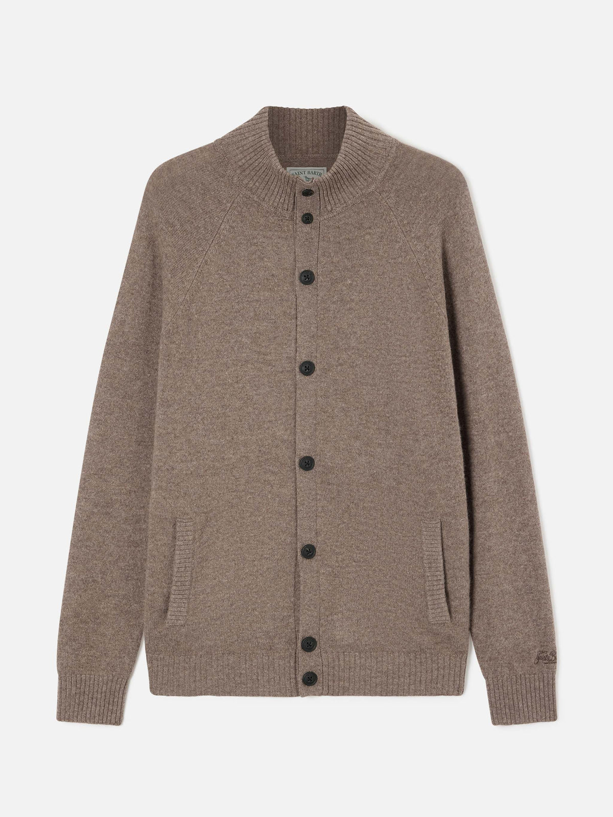 Cardigan Galway beige in lana lambswool con collo alto