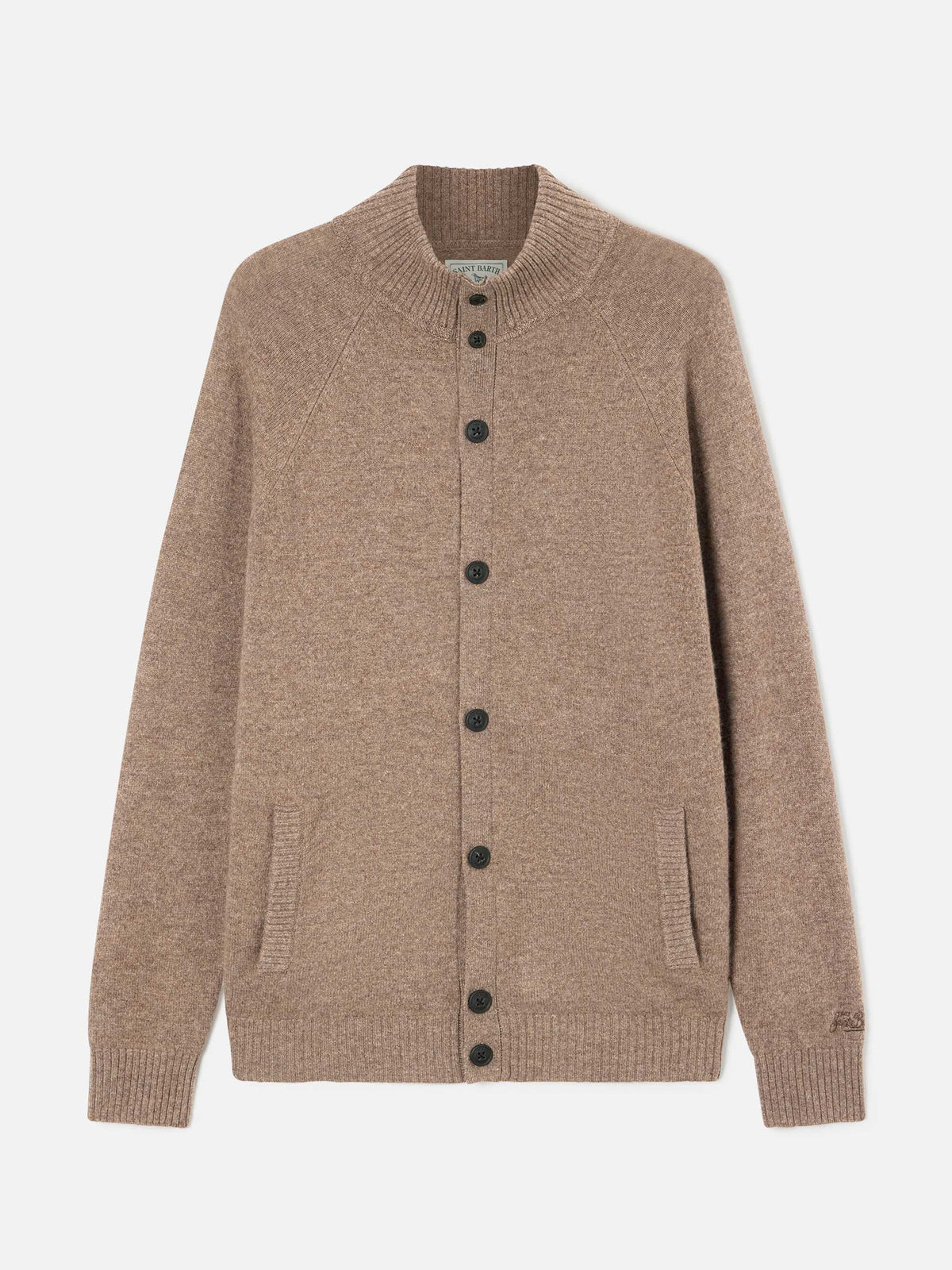 Beiger Galway Cardigan aus Lammwolle mit hohem Kragen 