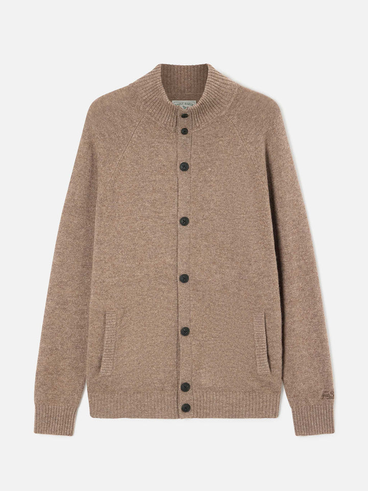 Cárdigan Galway de lana de cordero beige con cuello alto 