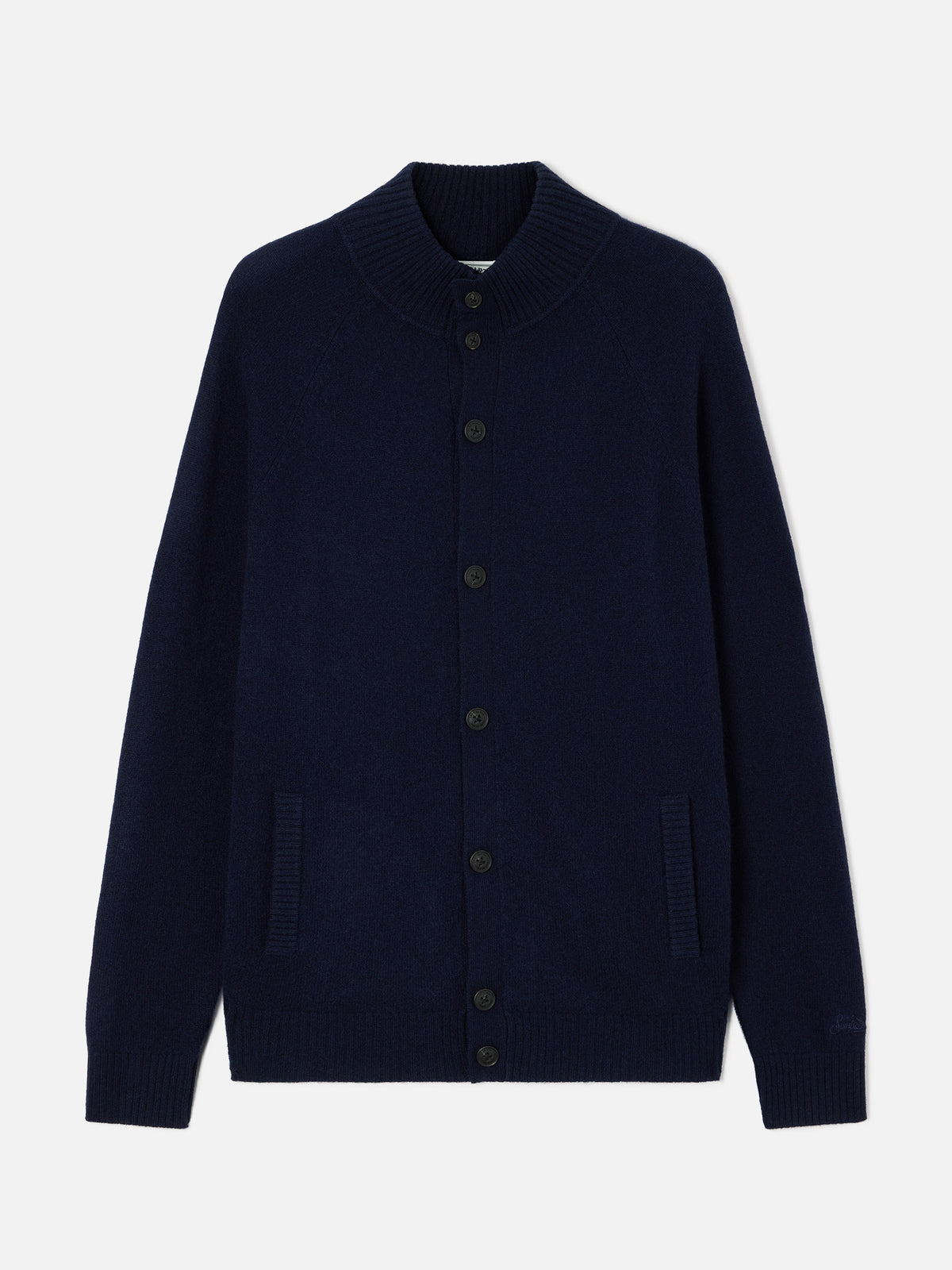 Cárdigan Galway de lambswool Navy blue con cuello alto 
