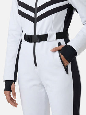 Woman white ski suit Garmisch with RECCO® technology