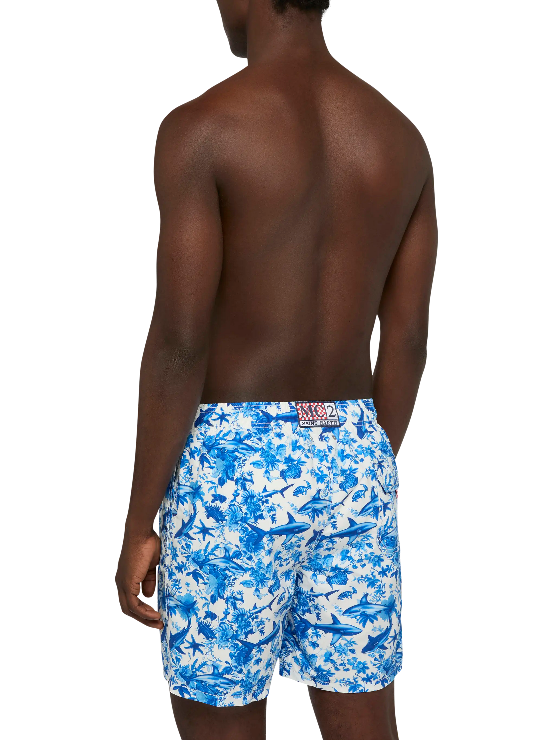 Mid-length Gustavia swim-shorts with shark print | AI CO-CREATED DESIGN BY RICKDICK - POWERED BY RED-EYE - MC2 Saint Barth