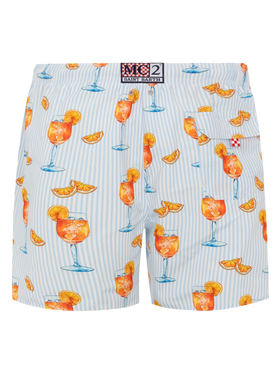 Mid-length Gustavia swim-shorts with Aperol Spritz and stripes print | APEROL SPECIAL EDITION