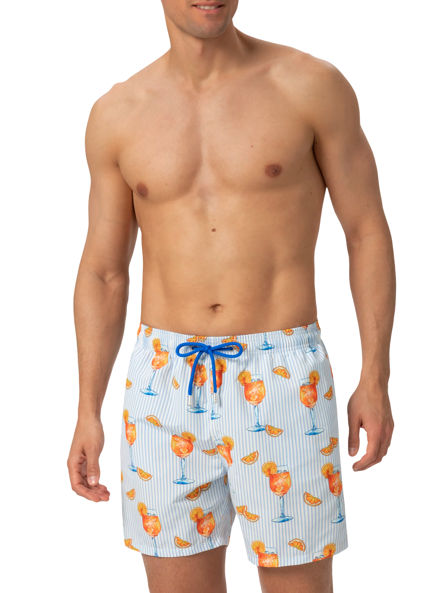 Mid-length Gustavia swim-shorts with Aperol Spritz and stripes print | APEROL SPECIAL EDITION