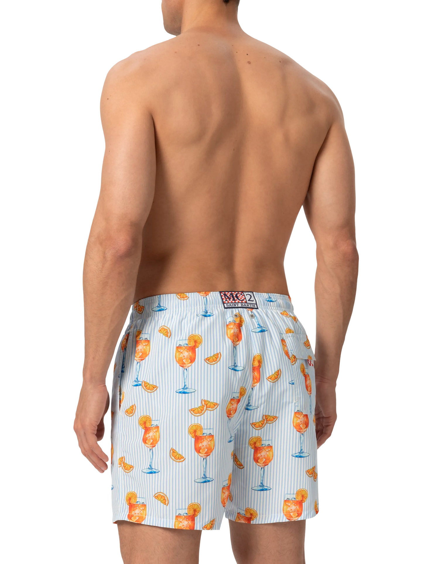Mid-length Gustavia swim-shorts with Aperol Spritz and stripes print | APEROL SPECIAL EDITION