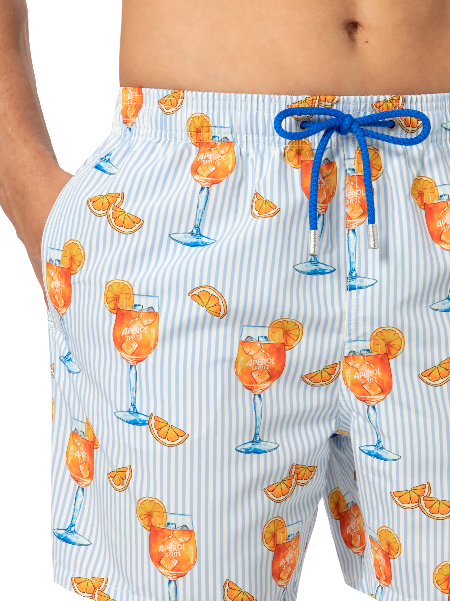 Mid-length Gustavia swim-shorts with Aperol Spritz and stripes print | APEROL SPECIAL EDITION