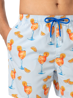 Mid-length Gustavia swim-shorts with Aperol Spritz and stripes print | APEROL SPECIAL EDITION