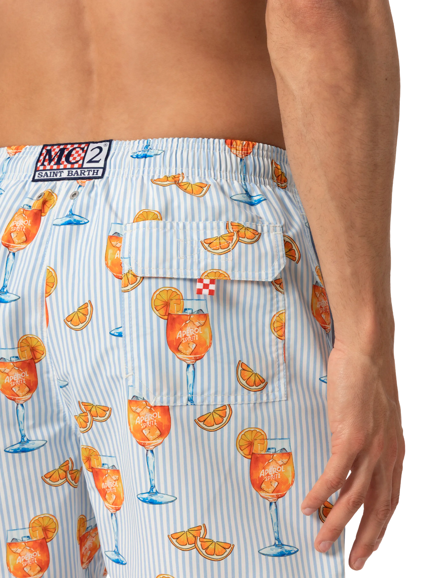 Mid-length Gustavia swim-shorts with Aperol Spritz and stripes print | APEROL SPECIAL EDITION