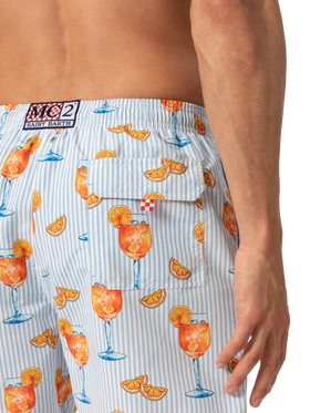 Mid-length Gustavia swim-shorts with Aperol Spritz and stripes print | APEROL SPECIAL EDITION