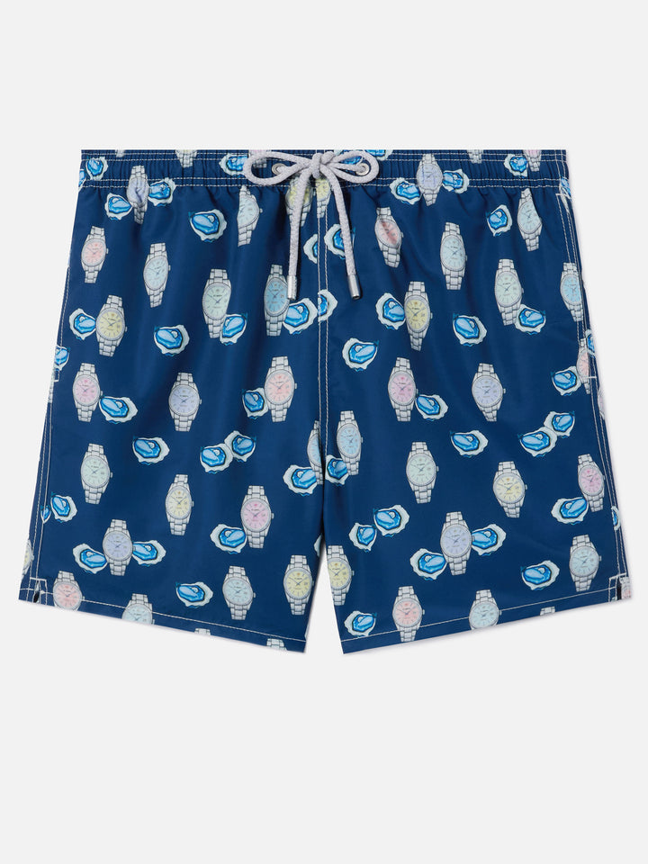 Gustavia swim shorts with oysters and watches print