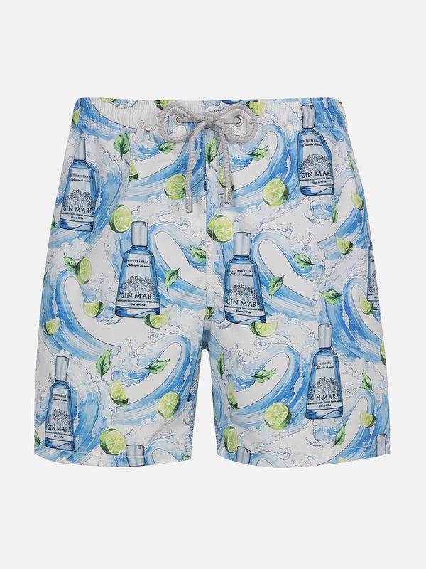 Man mid-length striped Gustavia swim-shorts with gin print | GIN MARE SPECIAL EDITION