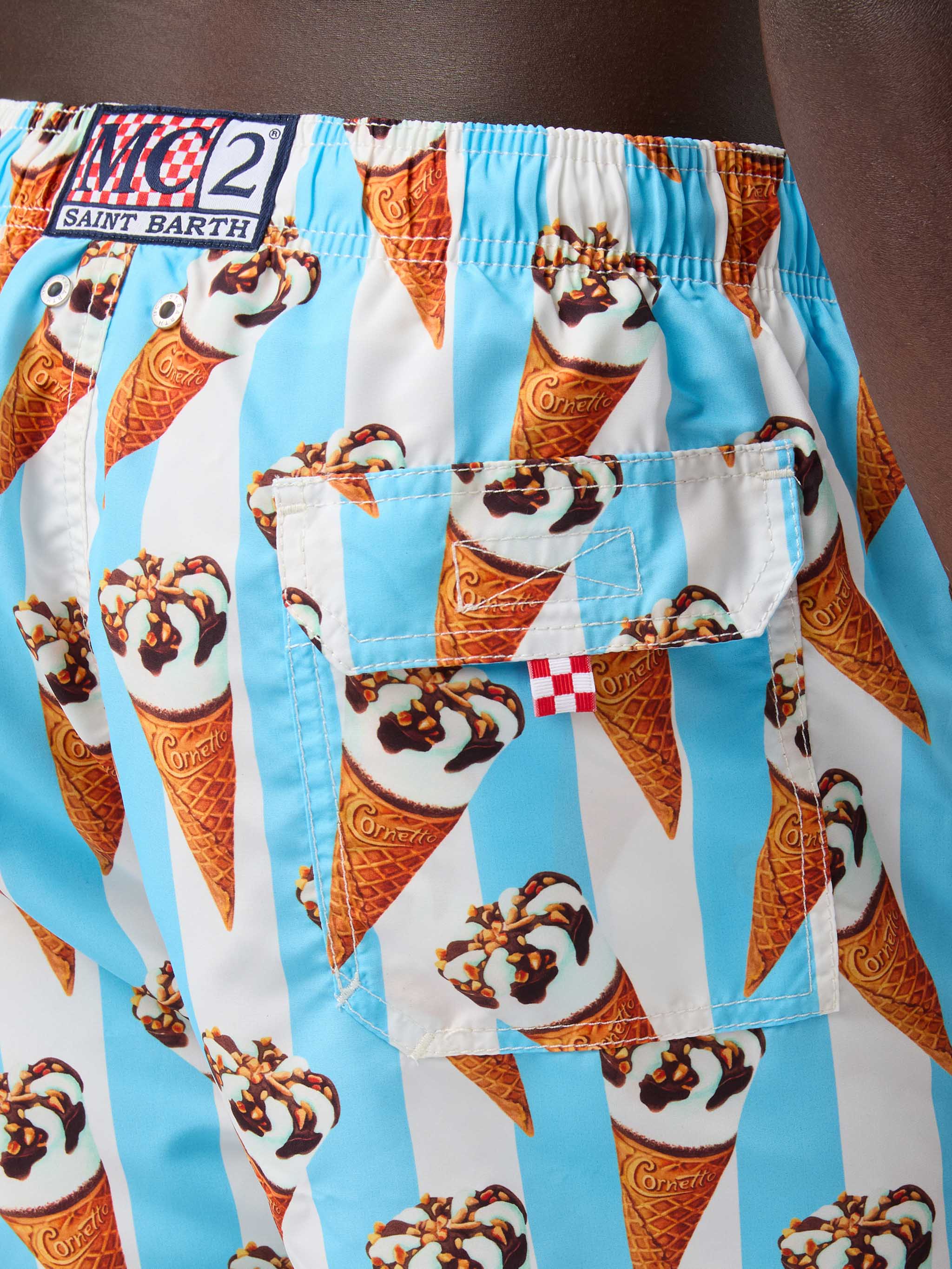 Gustavia Cornetto print and light blue striped swim shorts