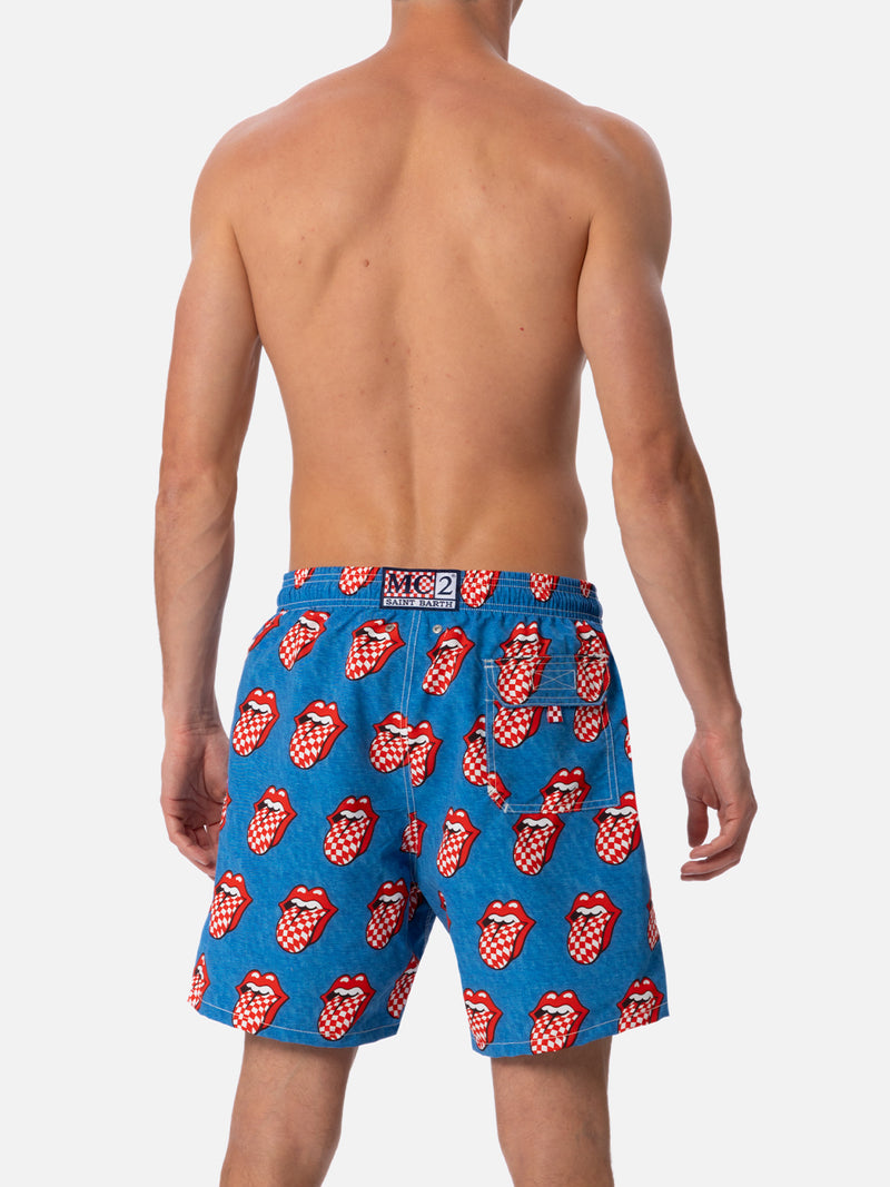 Man mid-length striped Gustavia swim-shorts with Rolling Stones print | ROLLING STONES SPECIAL EDITION