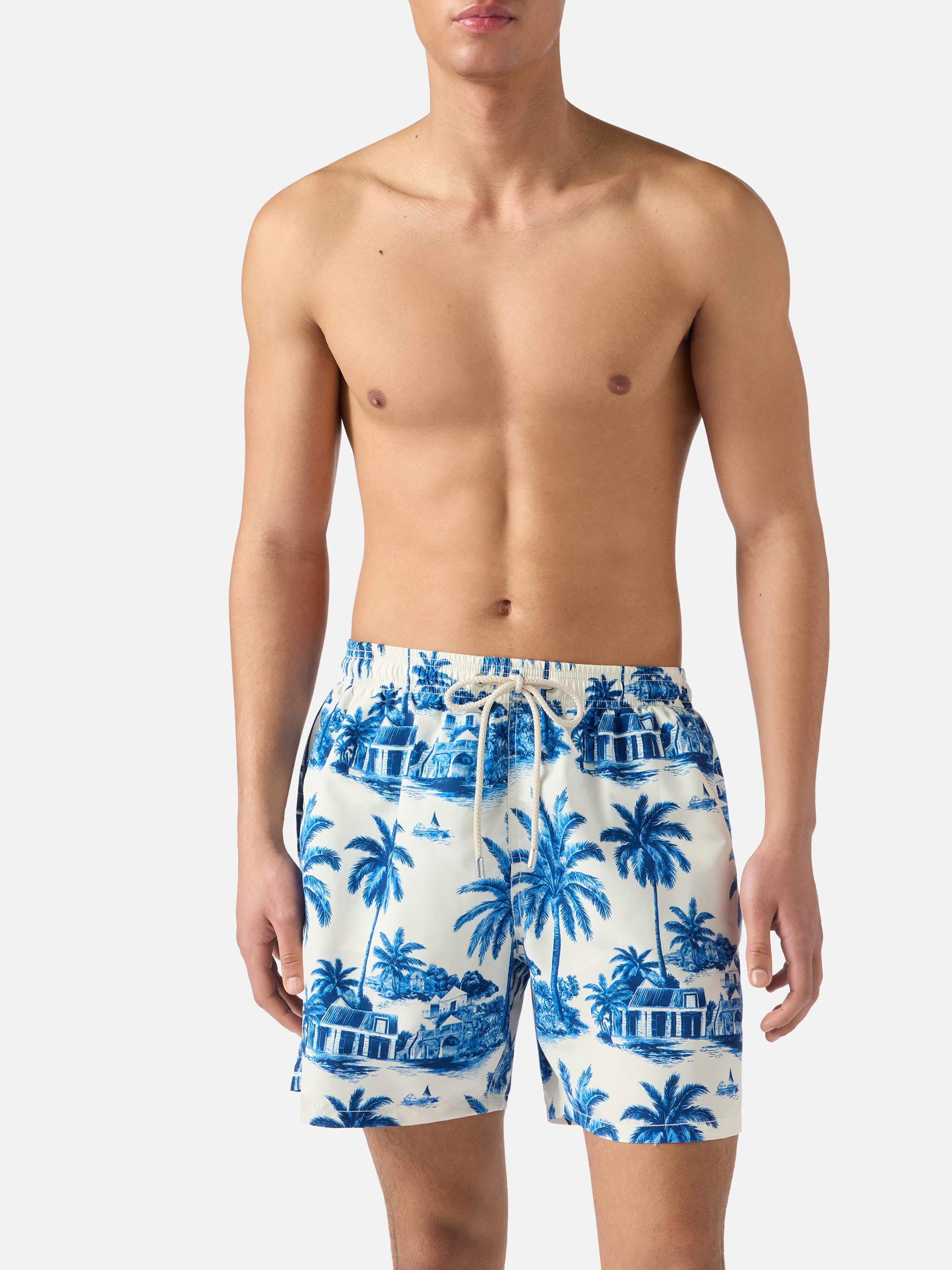 Gustavia swim shorts with blue toile de jouy print | Special