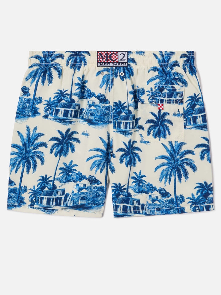 Gustavia swim shorts with blue toile de jouy print | Special Edition