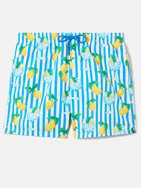 Bañador corto a rayas Gustavia con estampado de gin tonic y limón 