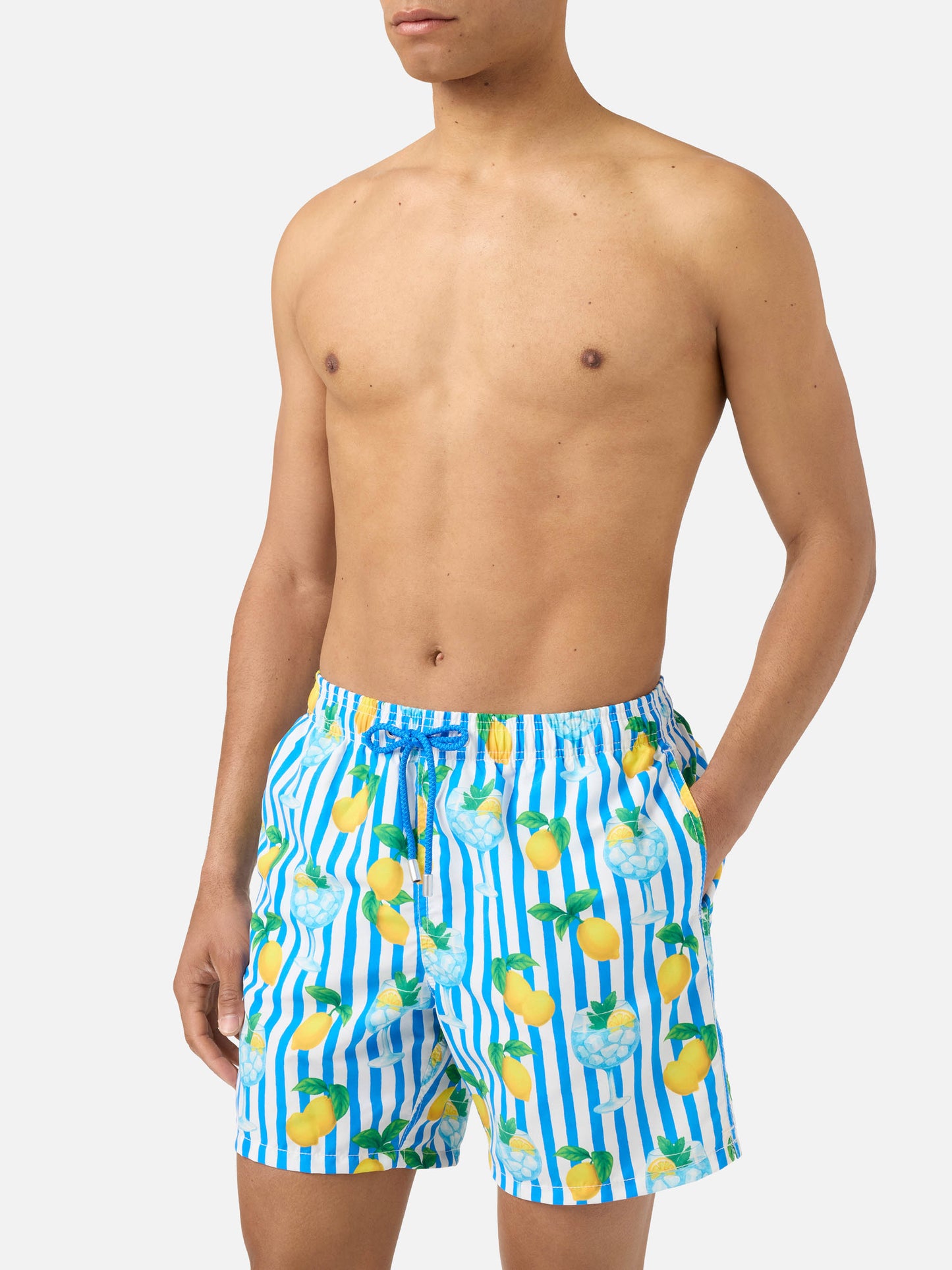 Bañador corto a rayas Gustavia con estampado de gin tonic y limón 