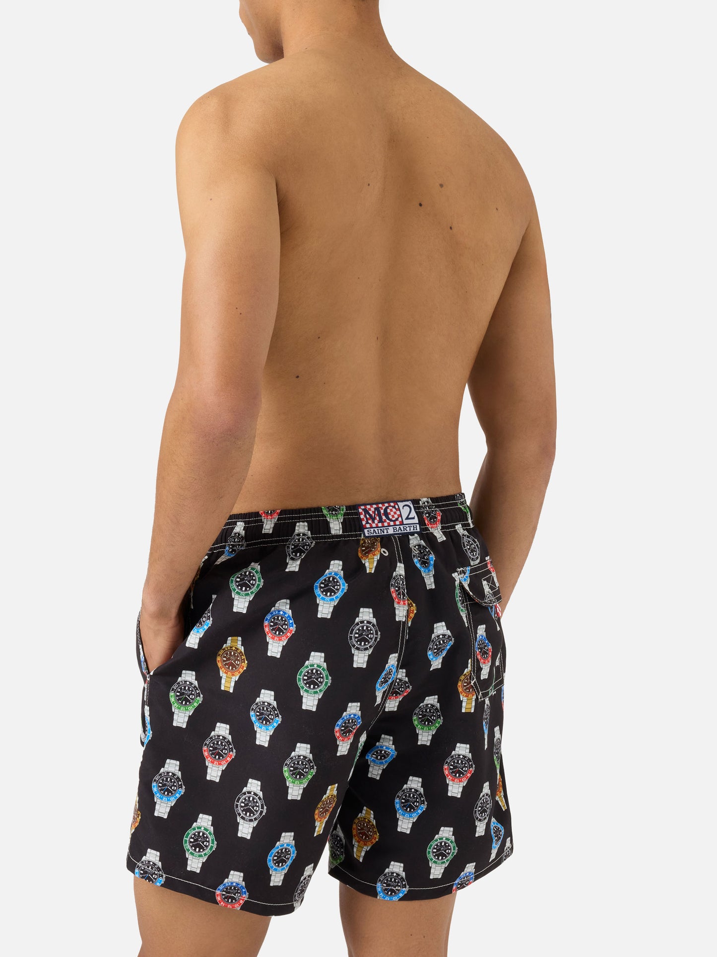 Gustavia swim shorts in solid black with watch print