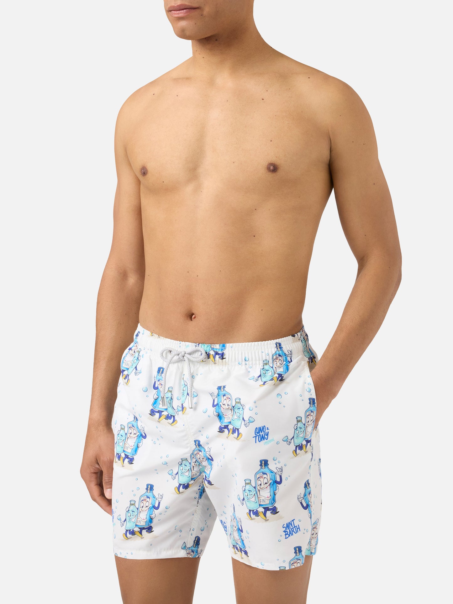 Gustavia swim shorts in white with Gino & Tony print | Special Edition
