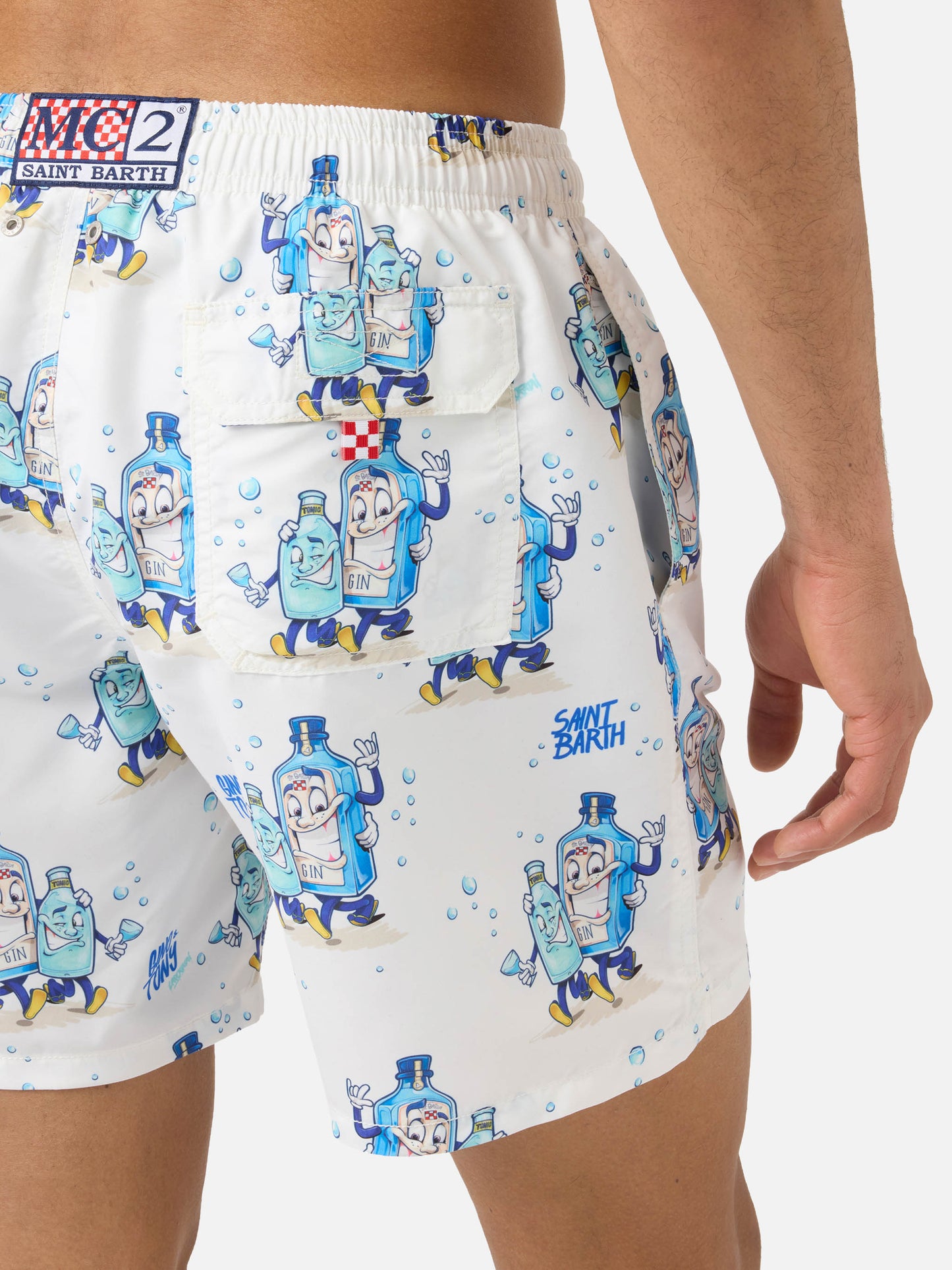 Gustavia swim shorts in white with Gino & Tony print | Special Edition