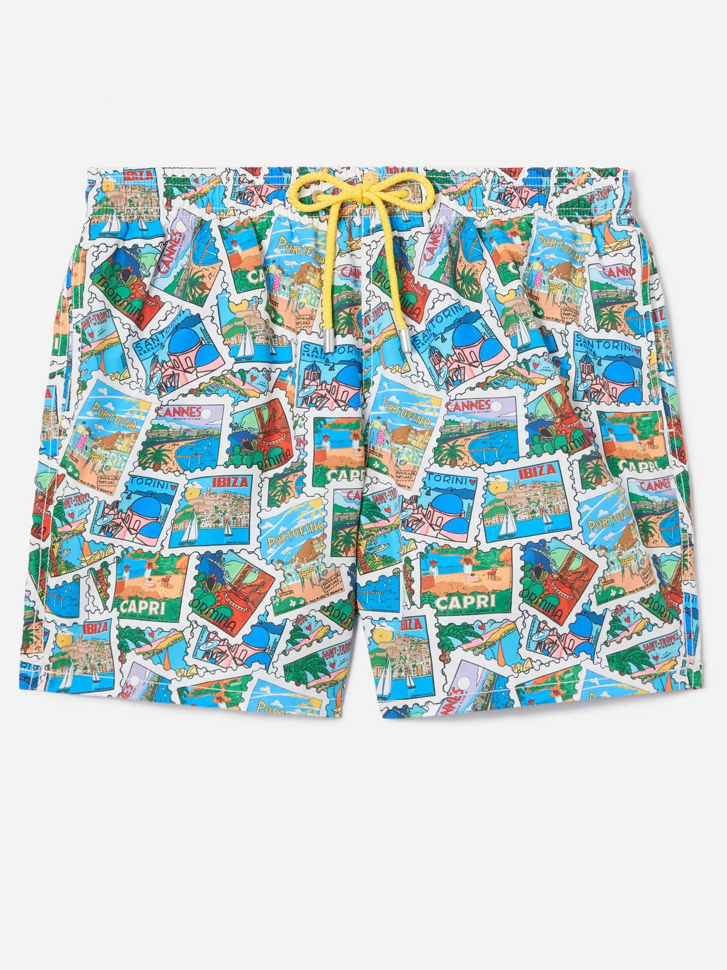 Gustavia swim shorts with all-over postcard print