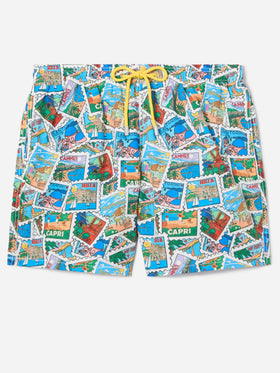 Gustavia swim shorts with all-over postcard print