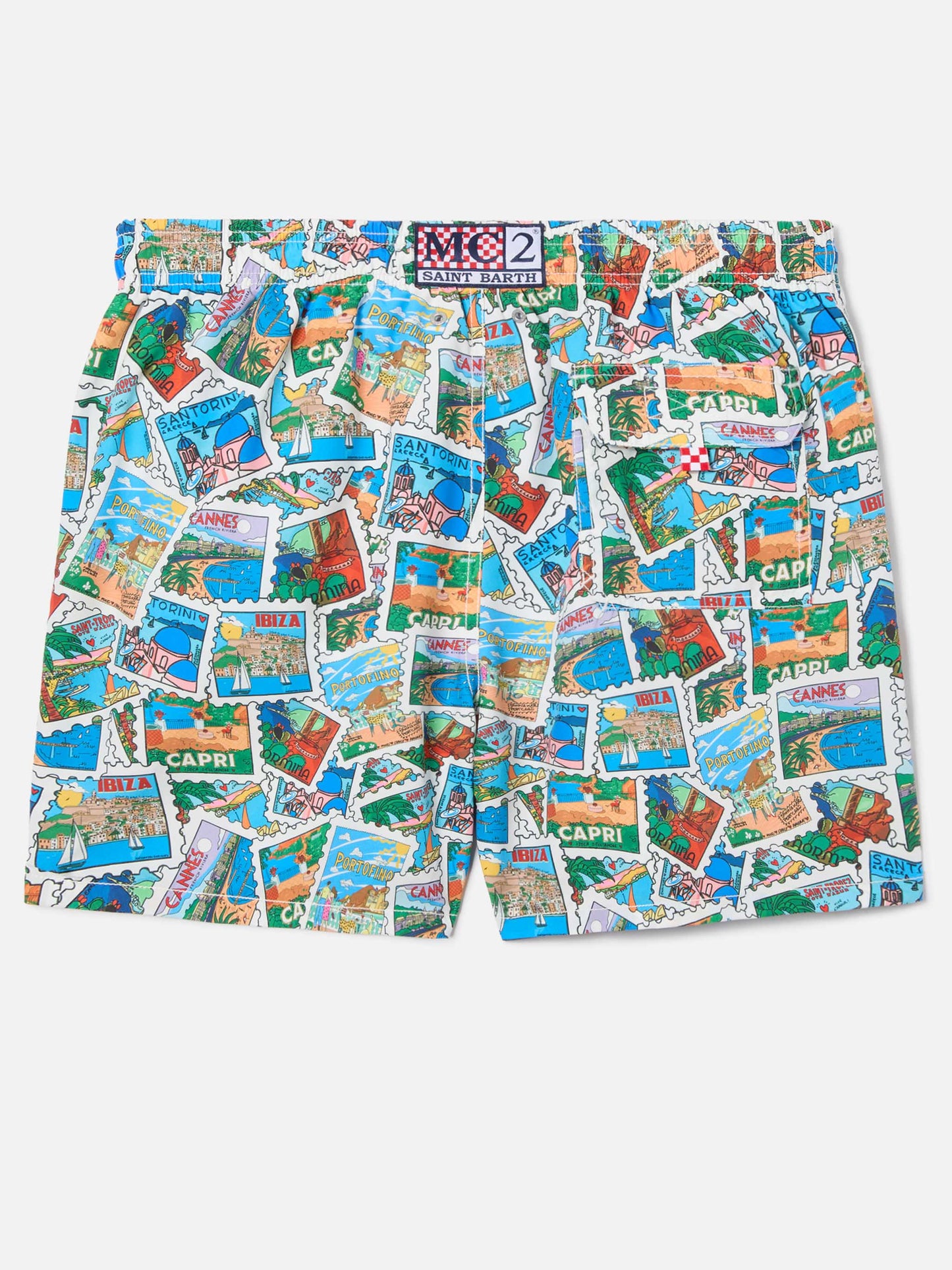 Gustavia swim shorts with all-over postcard print