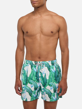 Costume da bagno di media lunghezza con stampa foglie tropicali